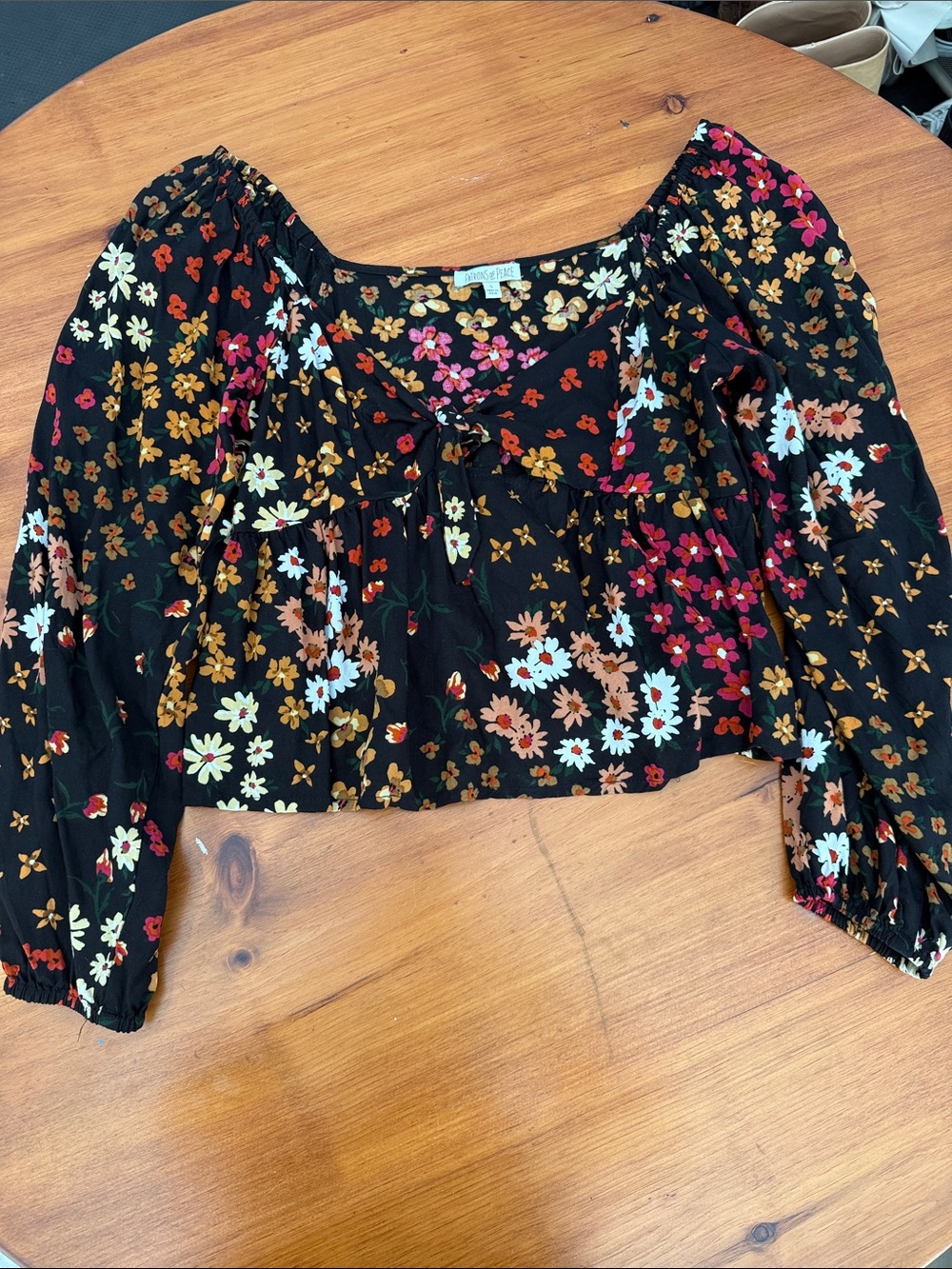 Patrons of Peace Black Floral Tie-Front Crop Top
